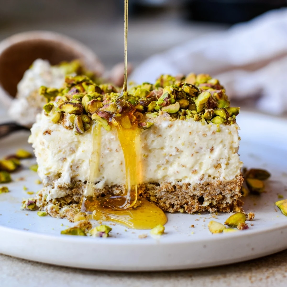 Square slices of honey pistachio cheesecake bars garnished with green nuts on white plate