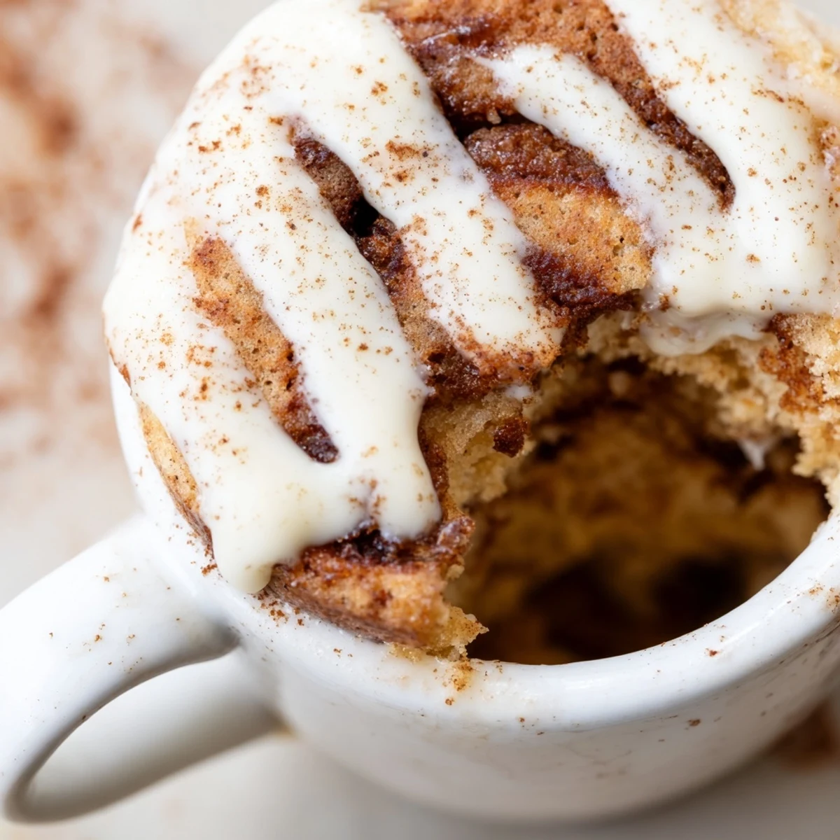 Warm high protein cottage cheese cinnamon roll mug cake topped with cream cheese glaze in a white ceramic mug