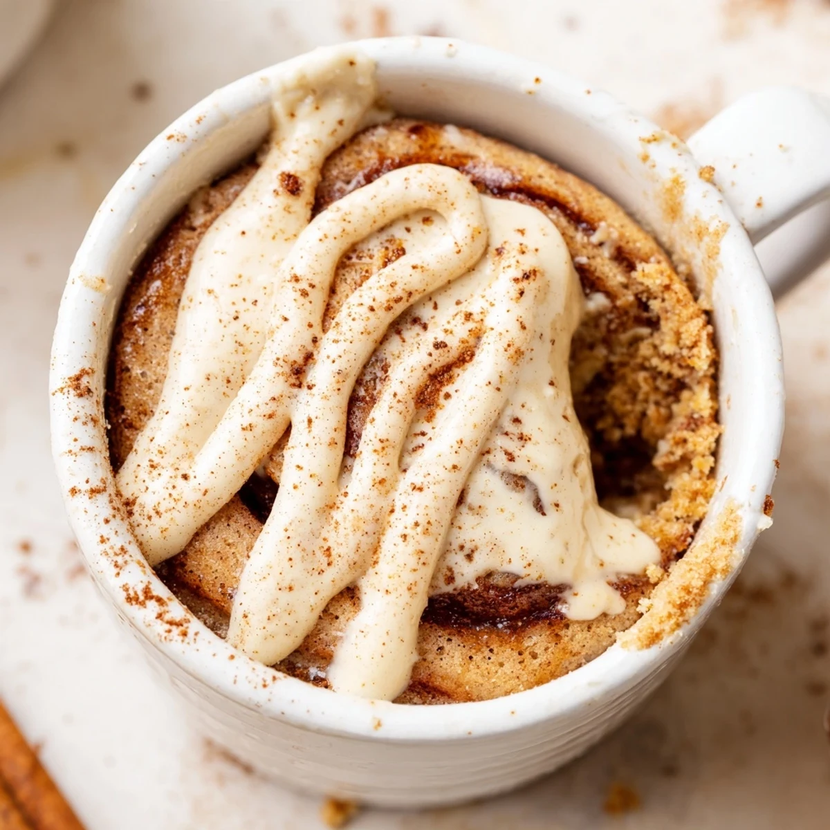 Fluffy cinnamon swirled cottage cheese mug cake drizzled with sweet vanilla icing ready for breakfast