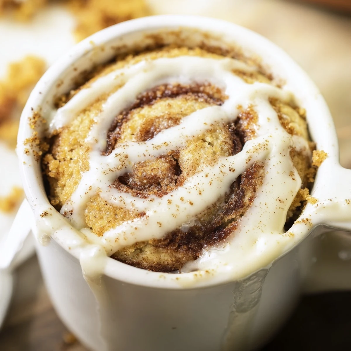 Single serve high protein cinnamon roll mug cake with melted brown sugar swirl and creamy topping