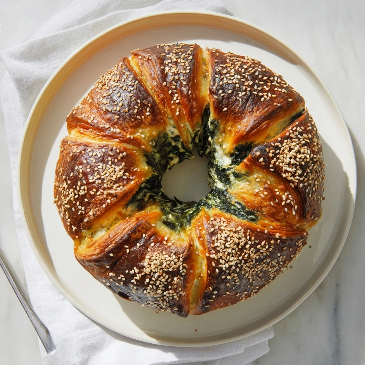 Golden brown spinach cottage cheese flagels sprinkled with sesame seeds on a baking sheet