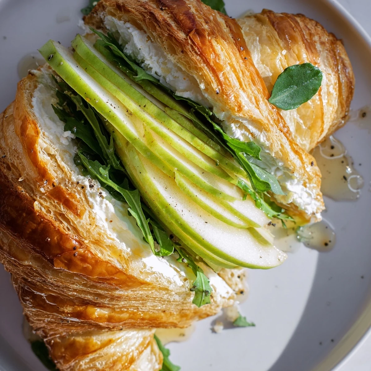 Golden apple goat cheese croissant sandwich featuring crisp apple slices and creamy cheese filling on flaky pastry