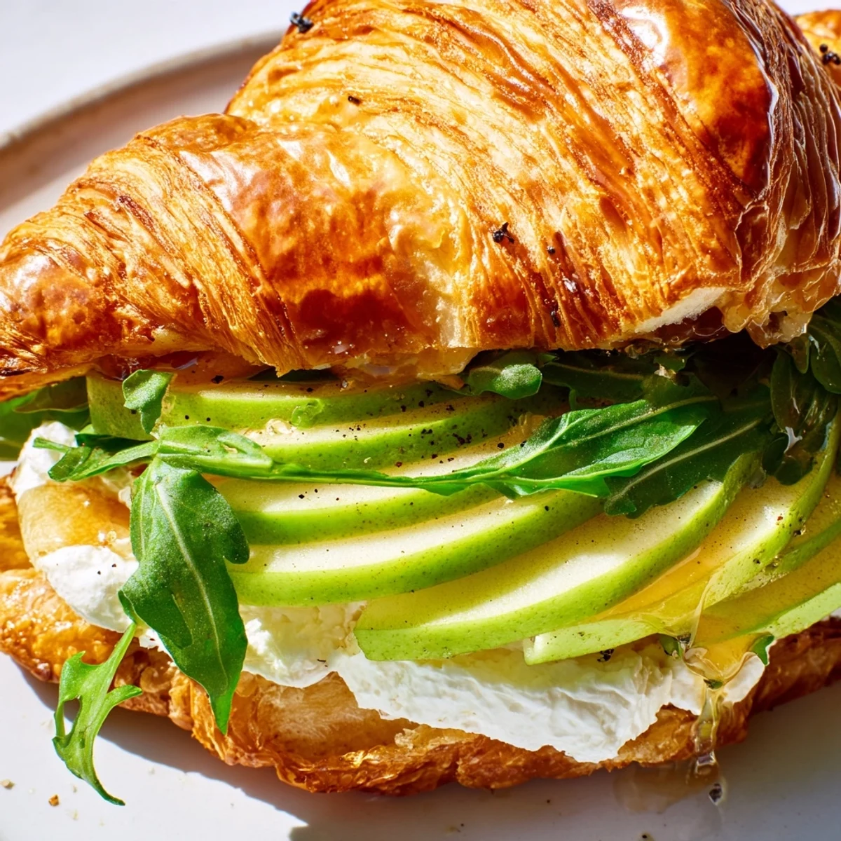Flaky croissant layered with tangy goat cheese fresh arugula and sweet honey-drizzled apple slices