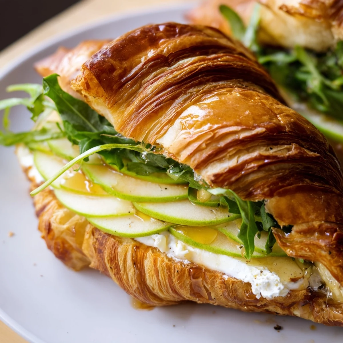 Gourmet breakfast sandwich showcasing goat cheese spread over crunchy apple wedges inside a buttery toasted croissant