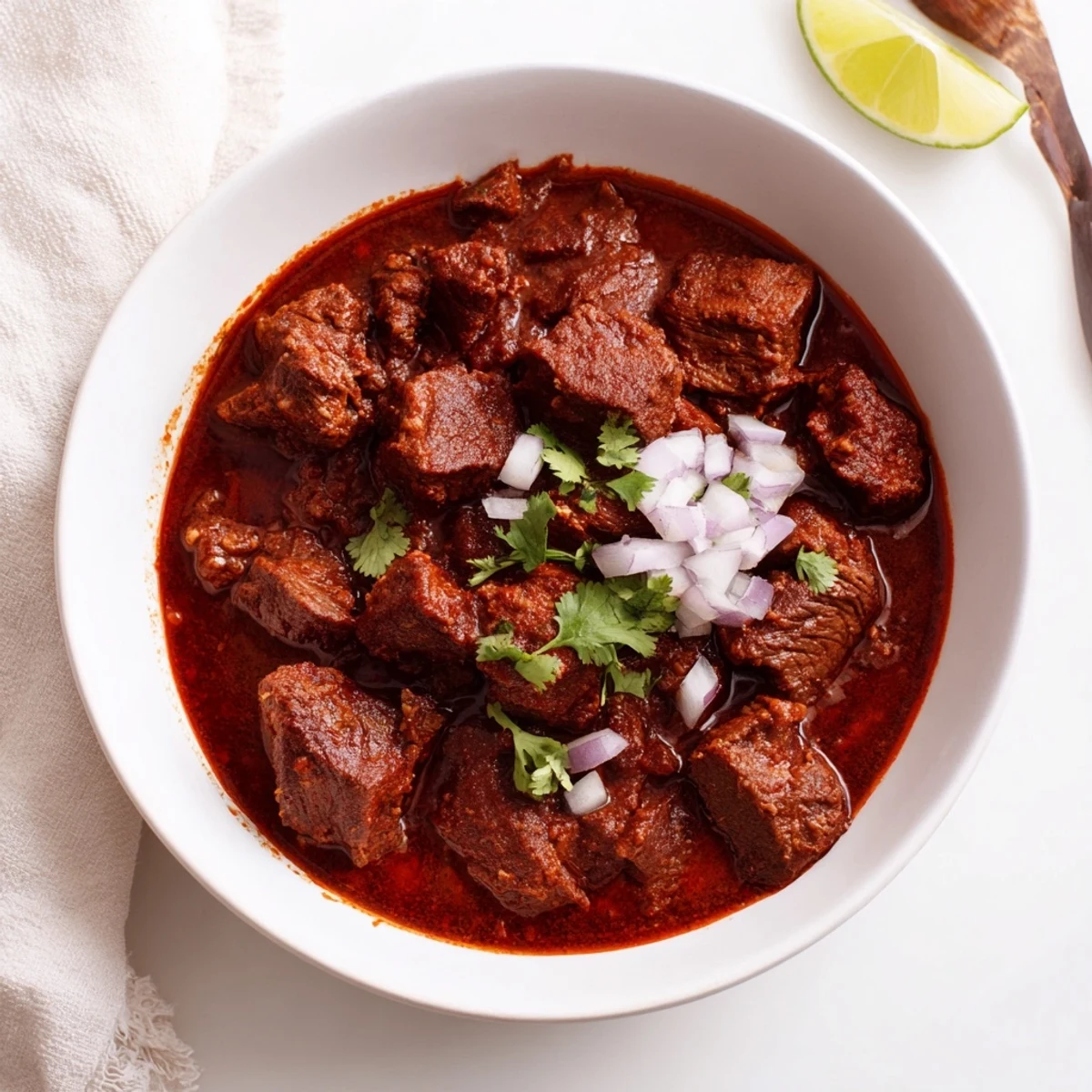 Tender beef chunks in Crockpot Chili Colorado swimming in rich, velvety red chili sauce
