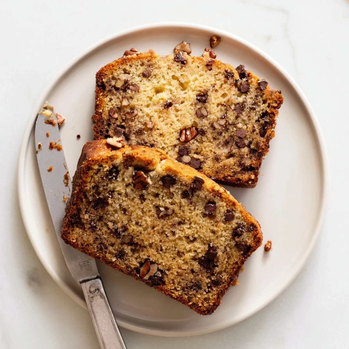 Golden chocolate chip banana bread loaf with melted chips on top, fresh from the oven