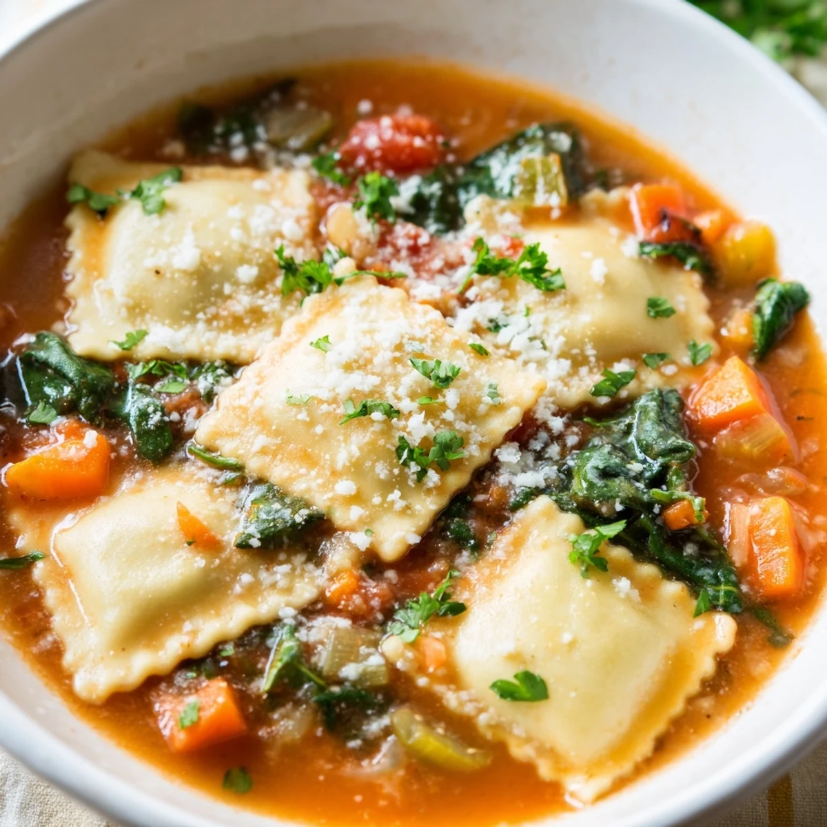 Hearty bowl of easy Tuscan ravioli soup featuring floating pasta pillows, diced vegetables, and vibrant green wilted spinach