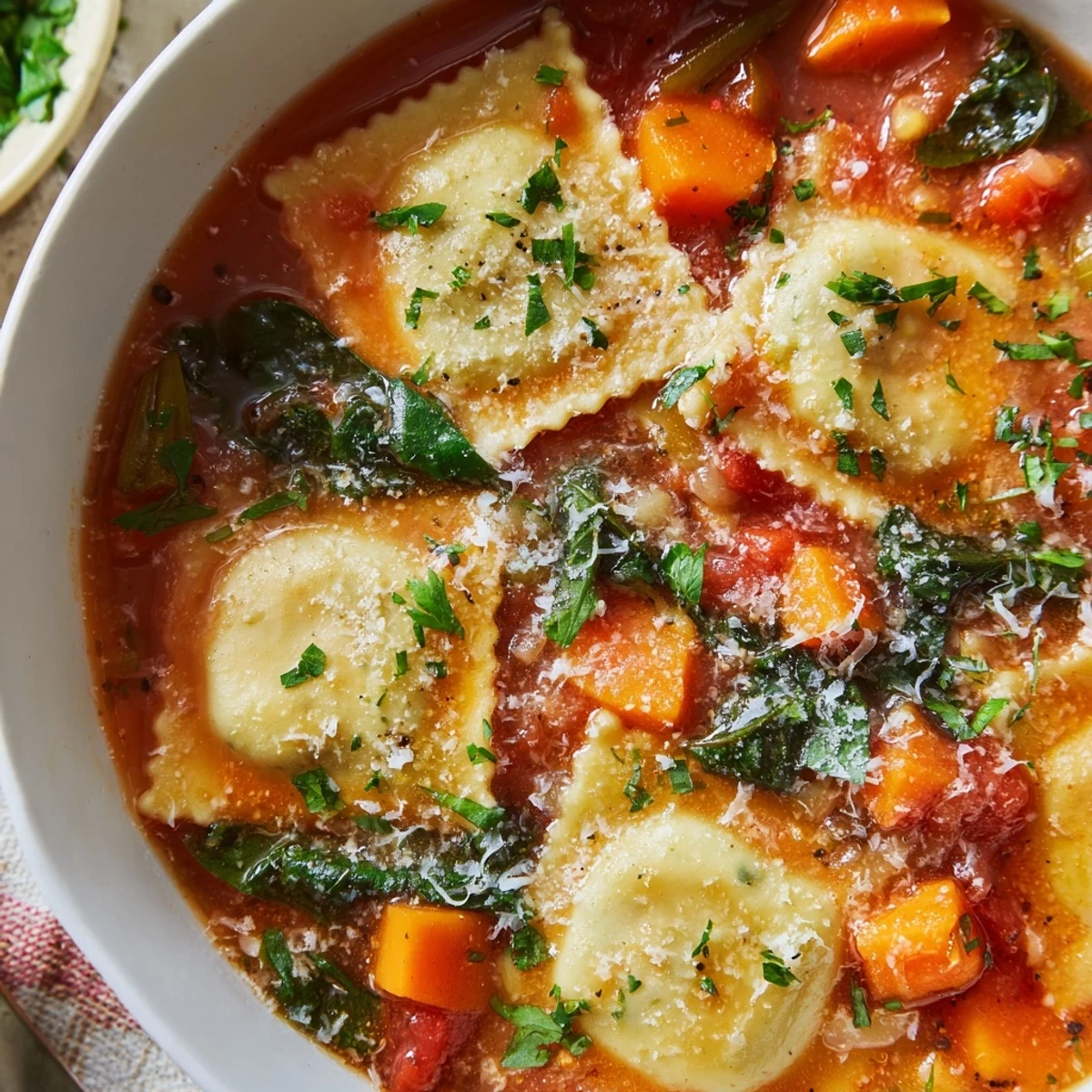 Savory Italian soup showcasing cheese ravioli swimming in herb-infused tomato broth topped with fresh parsley and Parmesan shavings