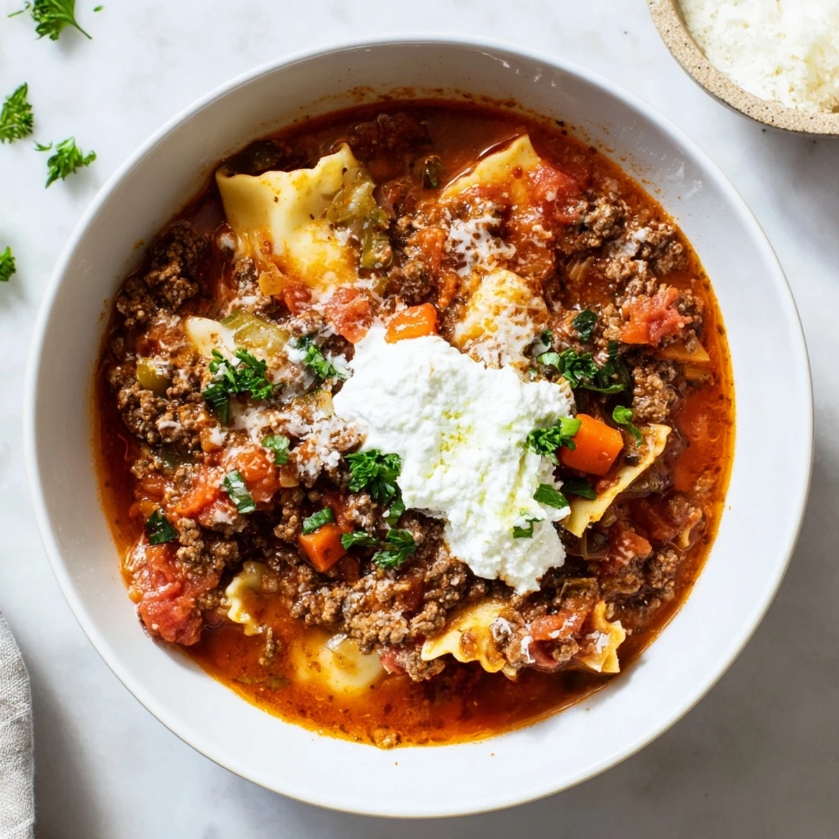 Steaming bowl of Italian lasagna soup topped with creamy ricotta dollop and fresh basil garnish
