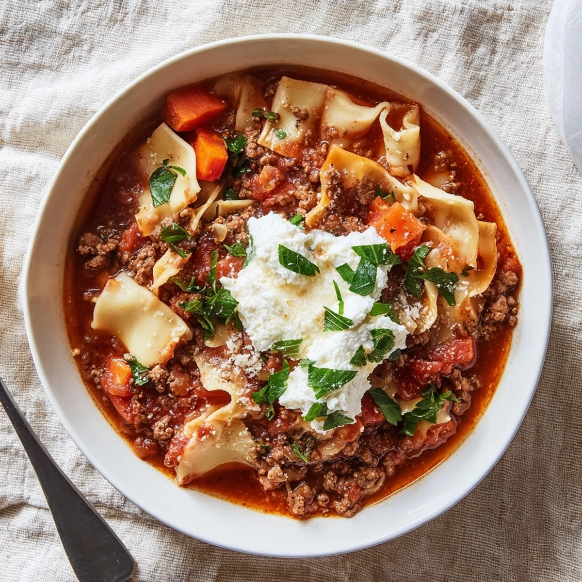 Rich tomato-based Italian lasagna soup with broken noodles, ground meat, and fluffy Parmesan topping