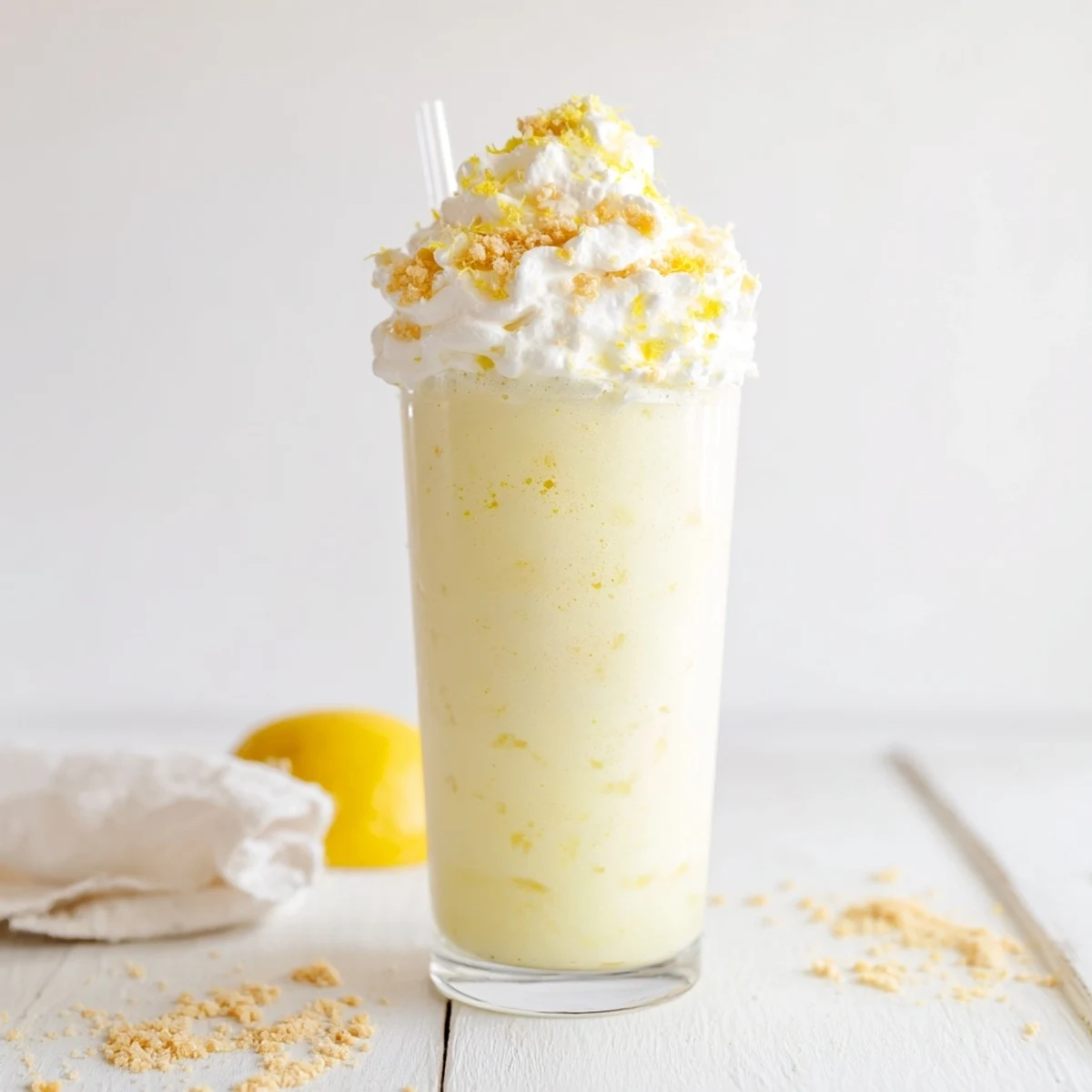 Tall glass of lemon meringue frappé topped with fluffy white meringue and fresh lemon zest garnish