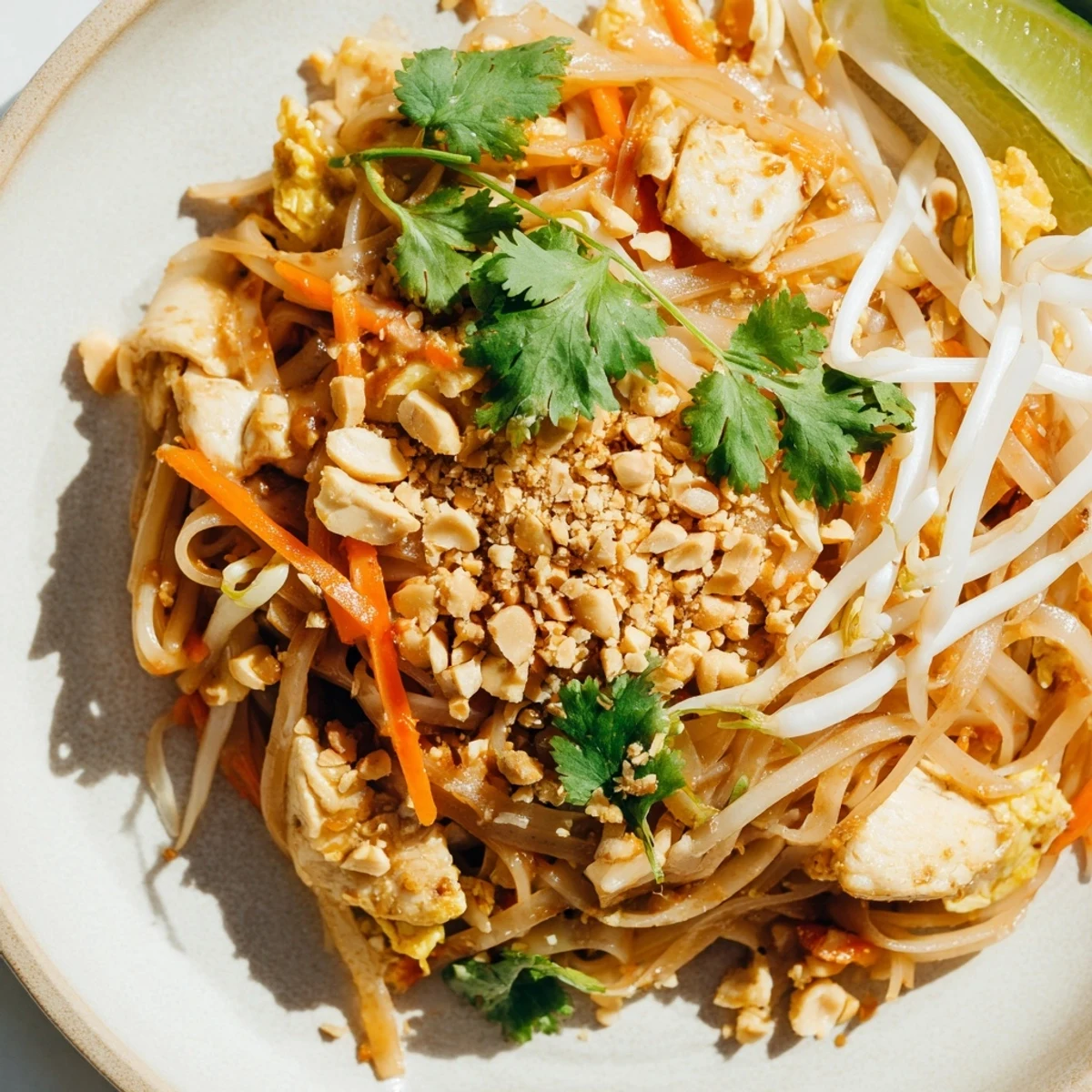 Steaming plate of chicken pad Thai stir-fry featuring bean sprouts, spring onions, and chopped peanuts over tender rice noodles.
