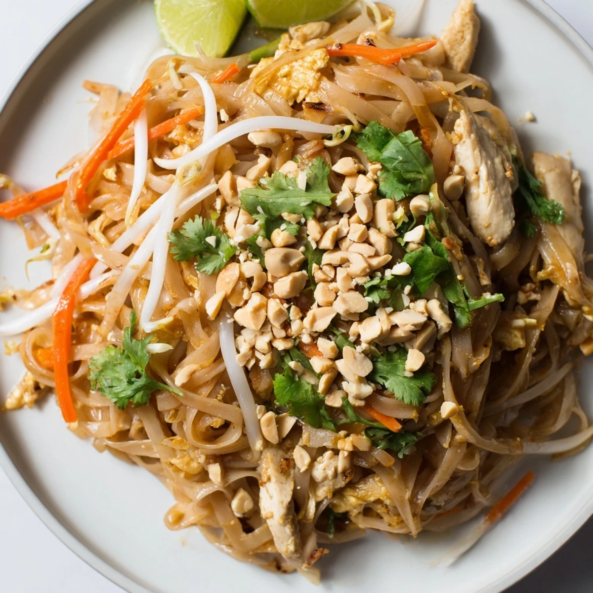 Vibrant chicken pad Thai with scrambled eggs, crisp vegetables, and garnish of lime wedges and cilantro leaves.