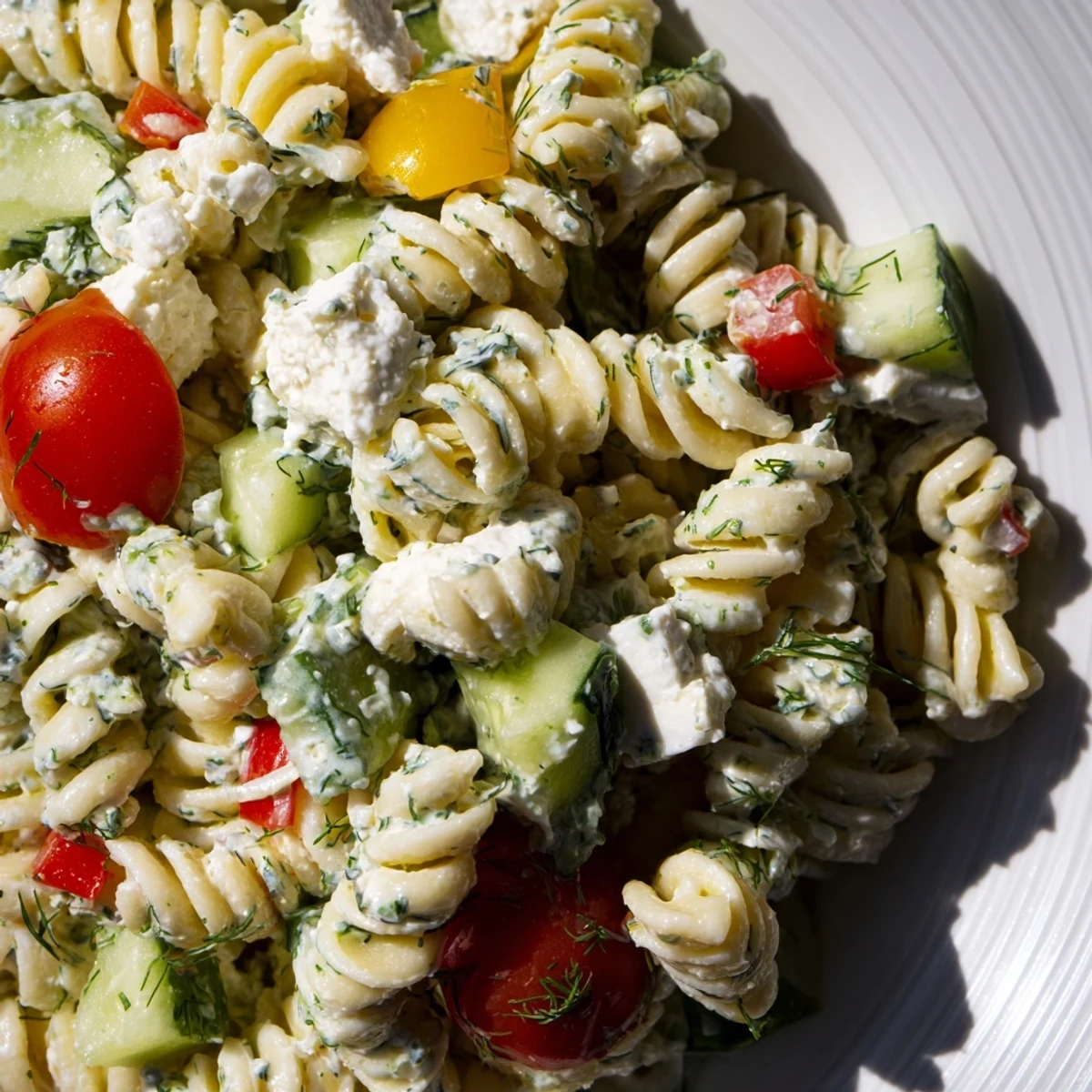 Creamy cottage cheese pasta salad featuring al dente fusilli noodles with fresh dill, parsley, and bright summer vegetables