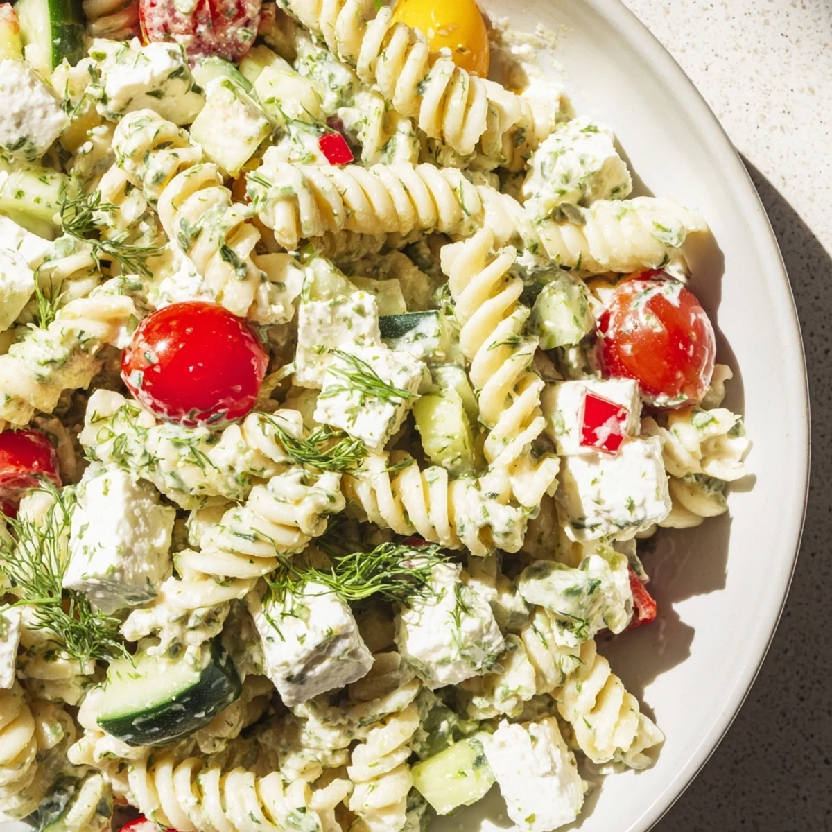 Colorful cottage cheese pasta salad bowl with cherry tomatoes, cucumber, and crisp bell pepper pieces tossed in herb dressing