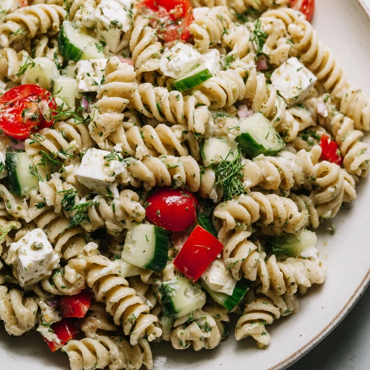 Protein-rich cottage cheese pasta salad served chilled with diced red peppers, sliced onions, and tangy lemon herb dressing
