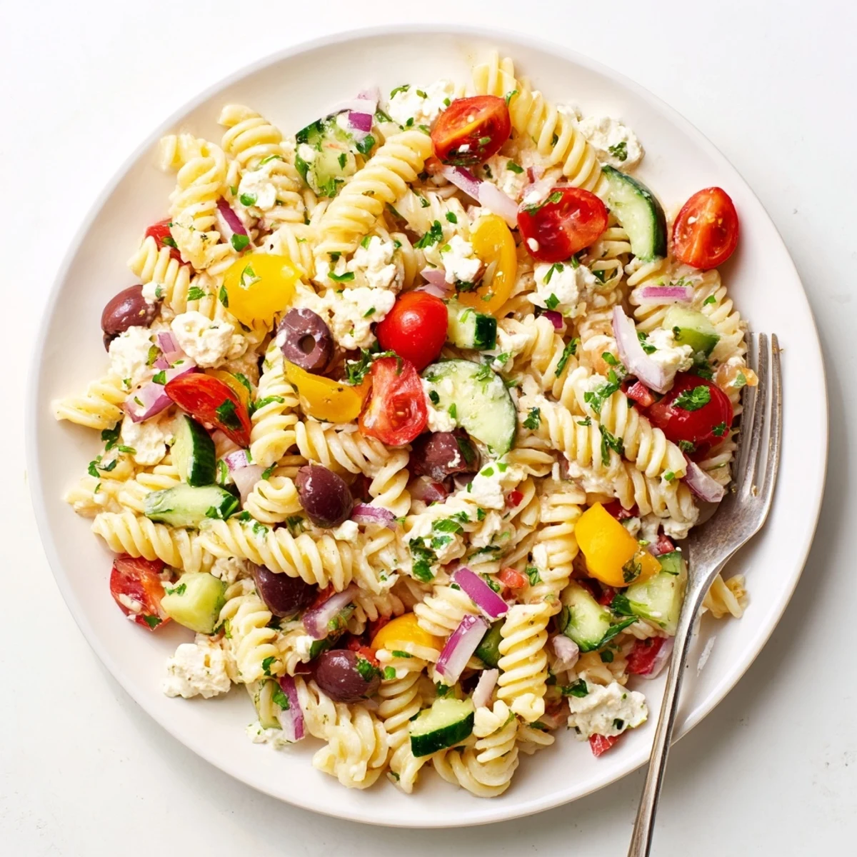 Colorful bowl of Mediterranean cottage cheese pasta salad loaded with fresh vegetables and olives