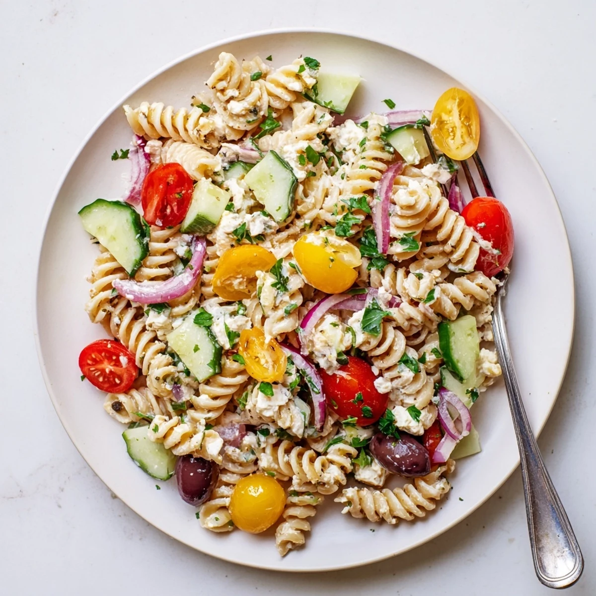 Vibrant pasta salad featuring fluffy cottage cheese, diced bell peppers, and tangy Kalamata olives