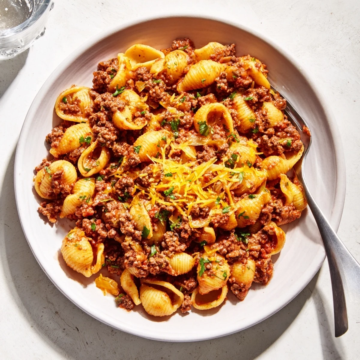 Creamy one pot beef shells pasta tossed in rich tomato sauce with melted cheddar and Parmesan