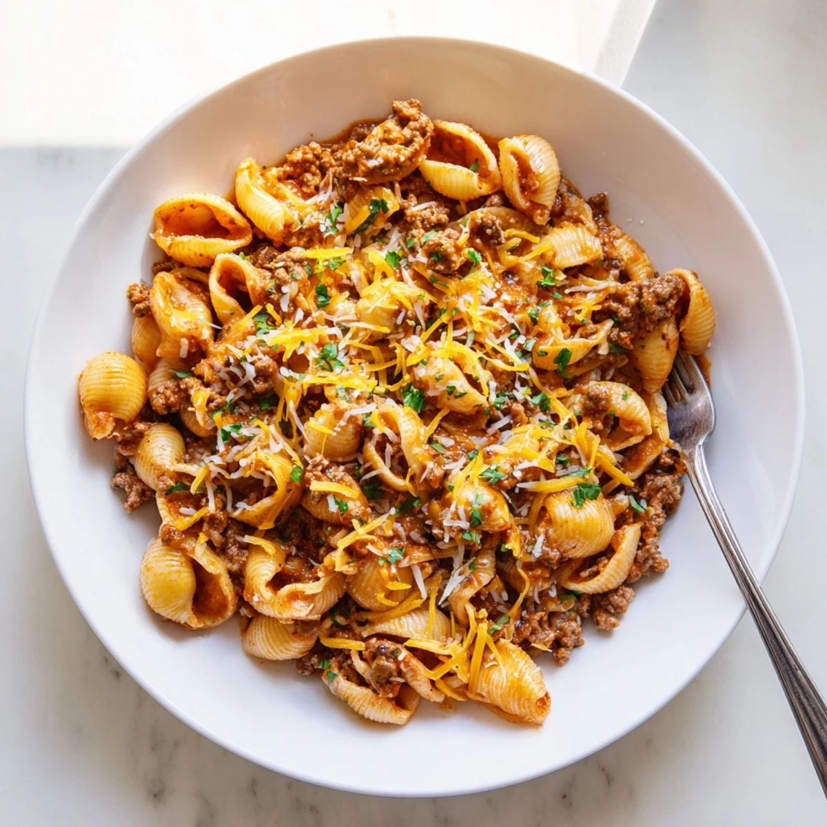 Savory ground beef and shell pasta cooked together in a creamy, cheesy tomato sauce with parsley garnish