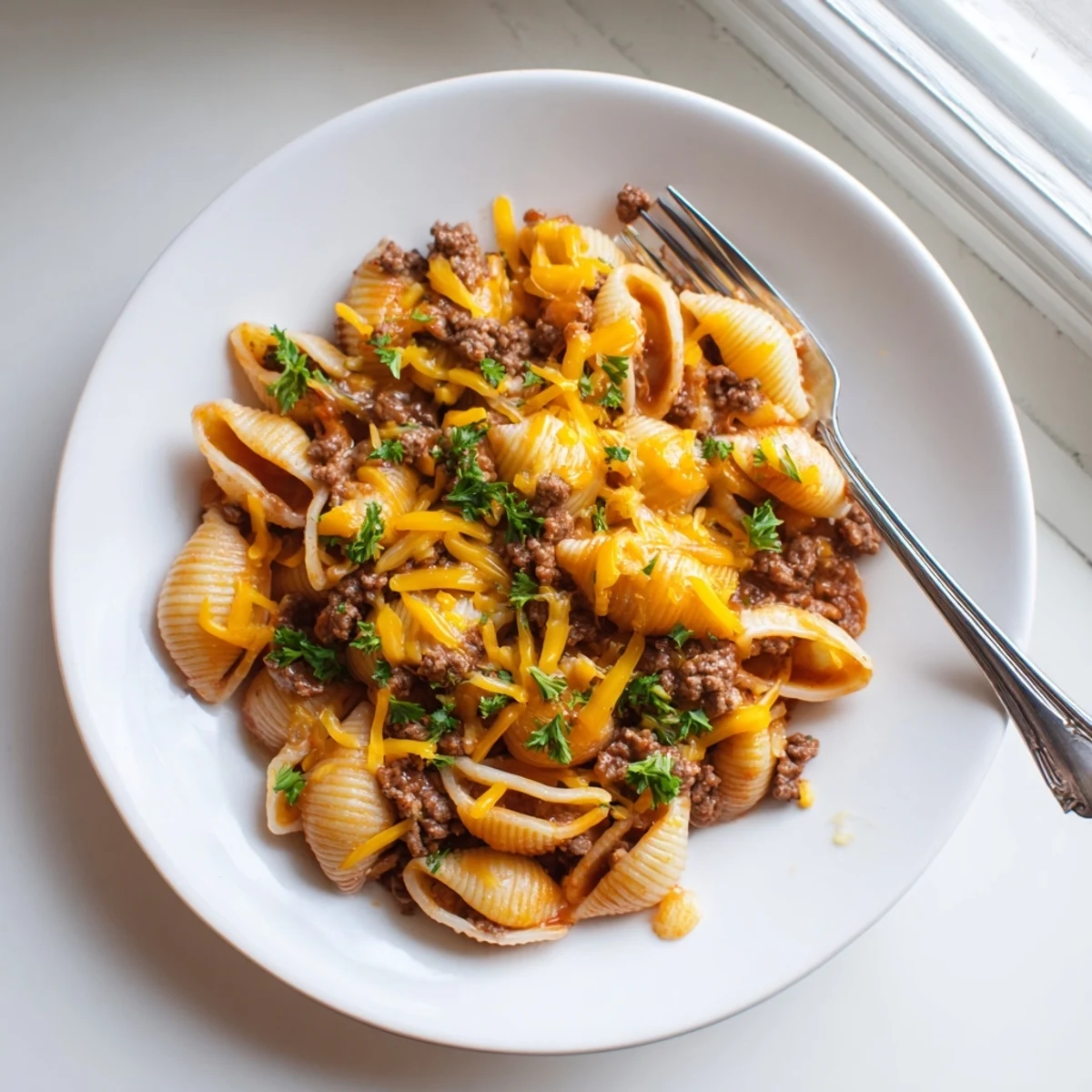 Tender pasta shells and seasoned ground beef simmered in a velvety cheesy tomato cream sauce