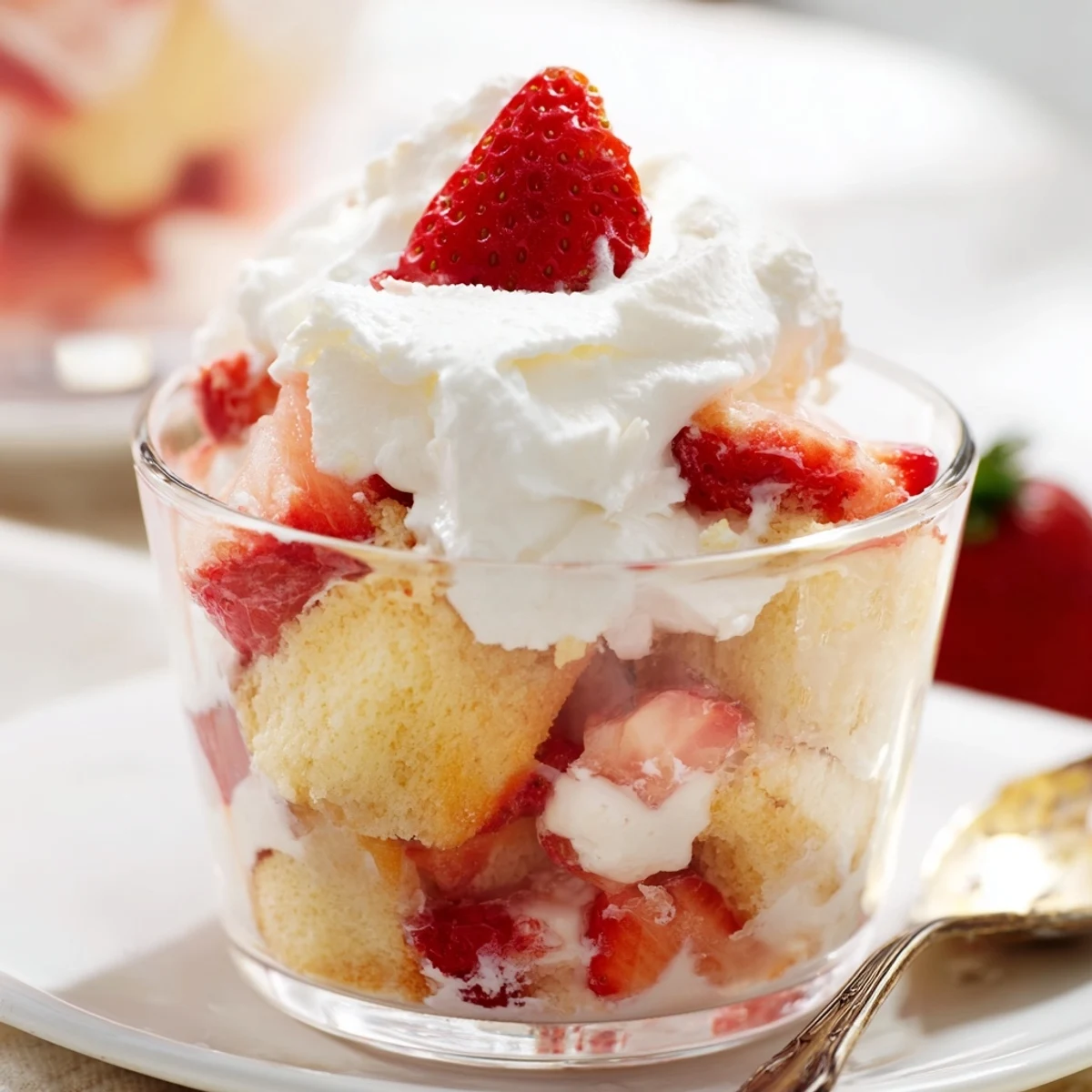 Golden Valentines strawberry shortcake cups layered with fresh berries and fluffy whipped cream