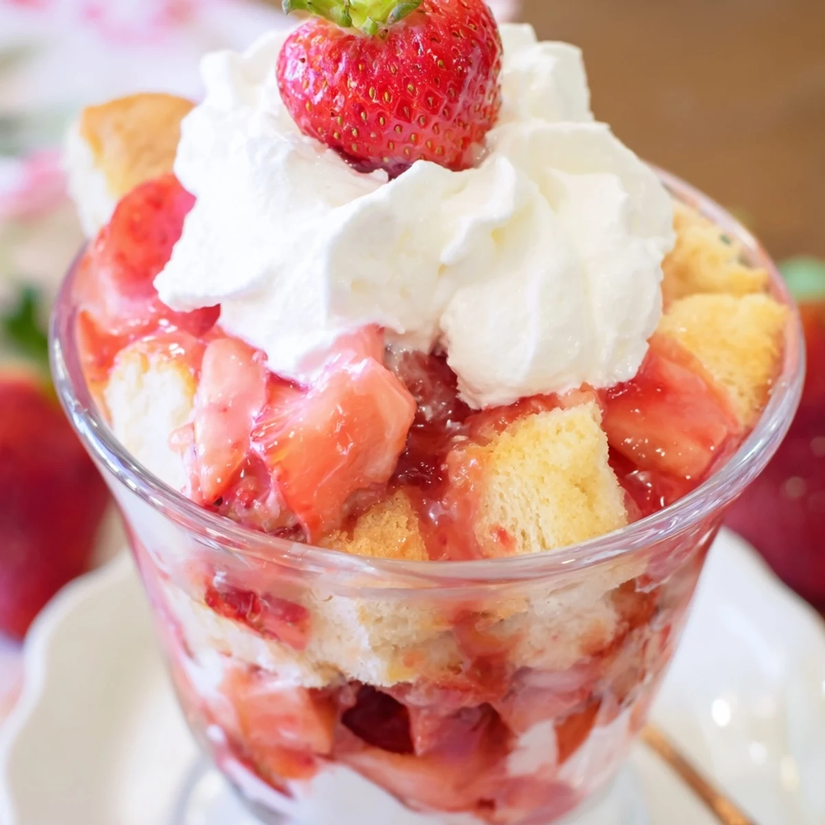 Individual strawberry shortcake cups featuring sweet macerated berries over tender vanilla shortcake layers