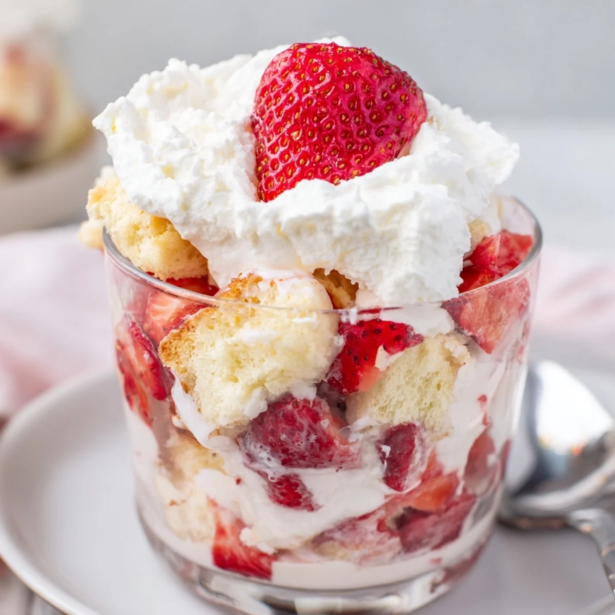 Romantic dessert cups stacked with juicy strawberries whipped cream and buttery shortcake pieces