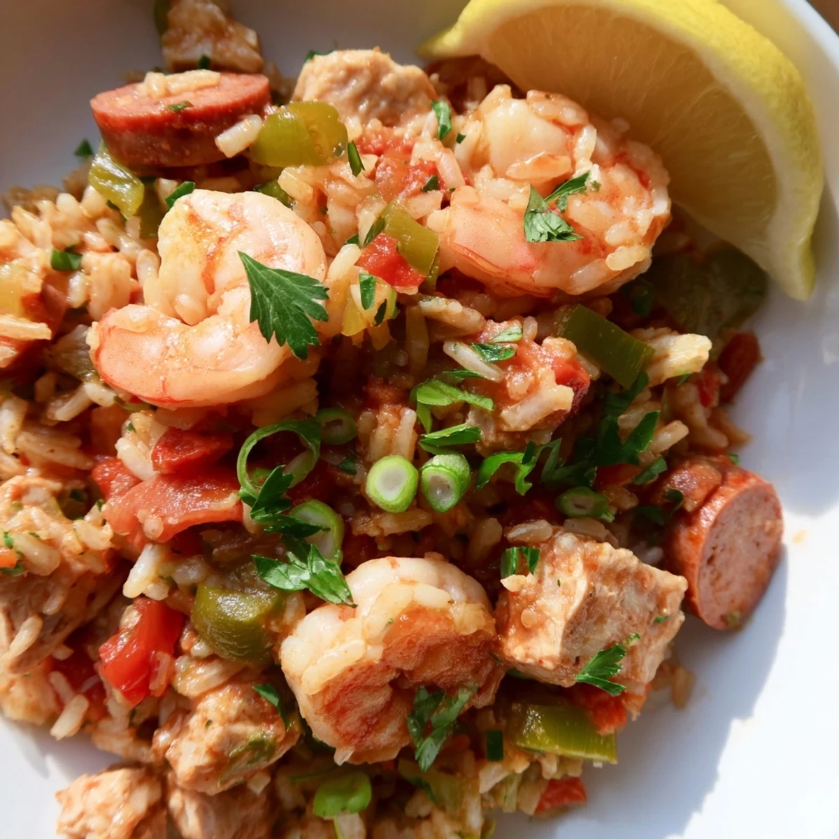 Colorful one pot Cajun jambalaya loaded with andouille sausage, tender shrimp, and fluffy rice