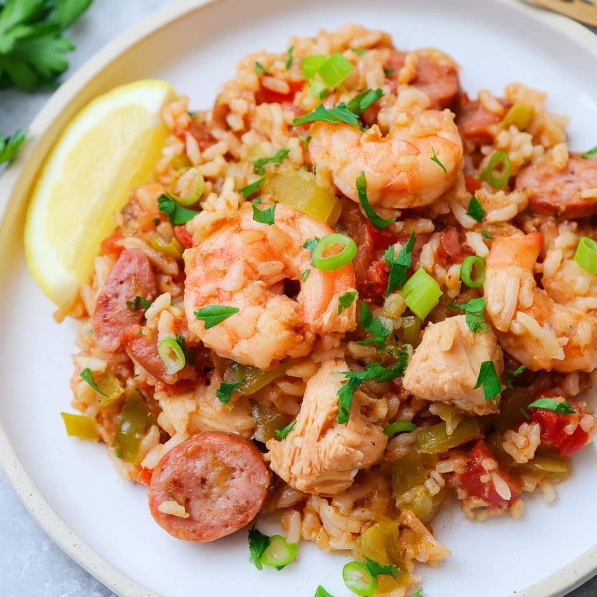 Steaming bowl of spicy Cajun jambalaya topped with fresh parsley and scallions