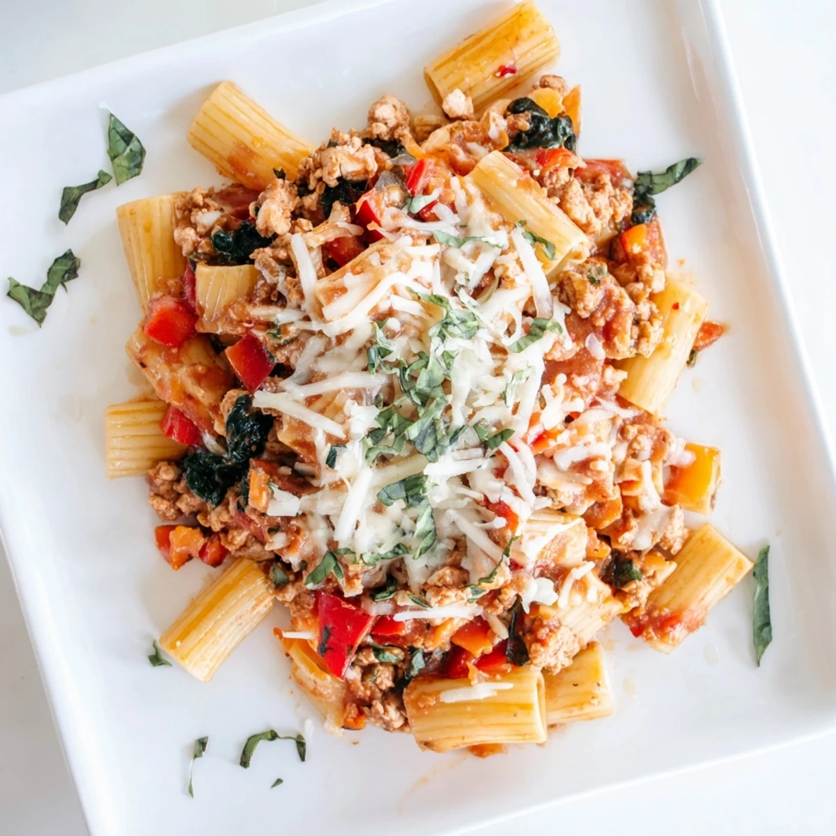Golden brown homemade ground turkey pasta bake with bubbling mozzarella and melted parmesan cheese topping