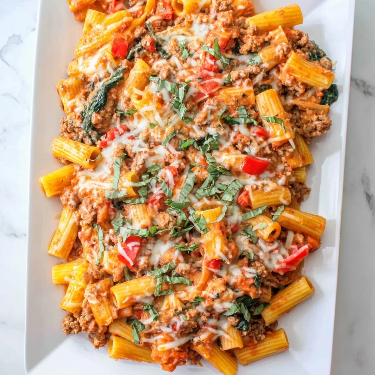 Family-friendly baked pasta with seasoned ground turkey, colorful vegetables, and a golden cheesy crust ready to serve