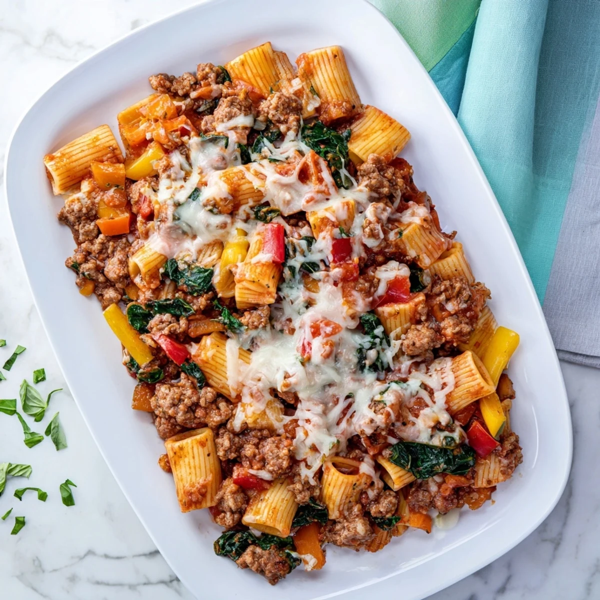 Comforting casserole dish featuring lean ground turkey, penne pasta, and rich tomato sauce with fresh basil garnish