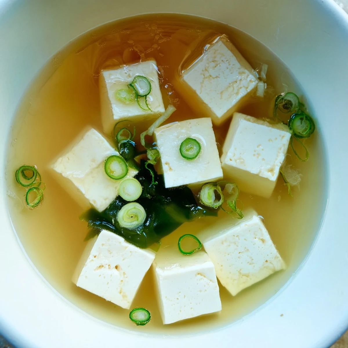 Easy authentic miso soup in white bowl with silken tofu cubes, wakame seaweed, and fresh green onion garnish