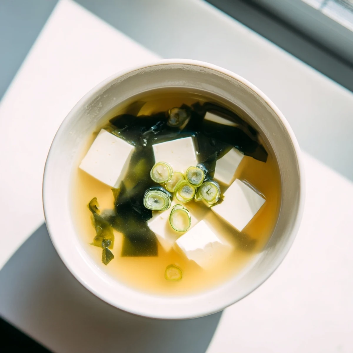 Steaming bowl of Japanese miso soup featuring soft tofu, rehydrated seaweed, and sliced scallions on wooden table