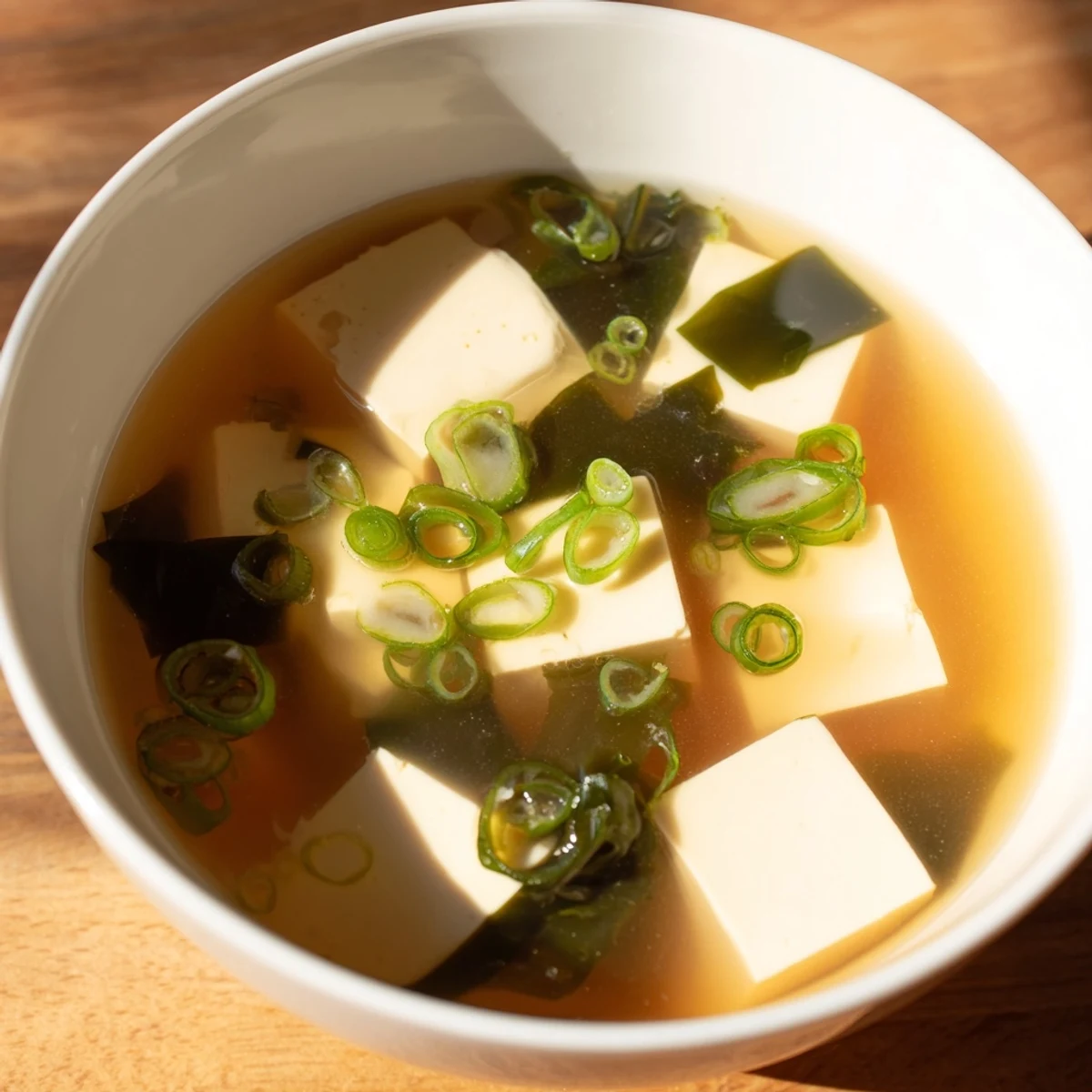 Comforting vegetarian miso soup with dashi broth, cubed tofu, and delicate wakame floating in rich golden broth
