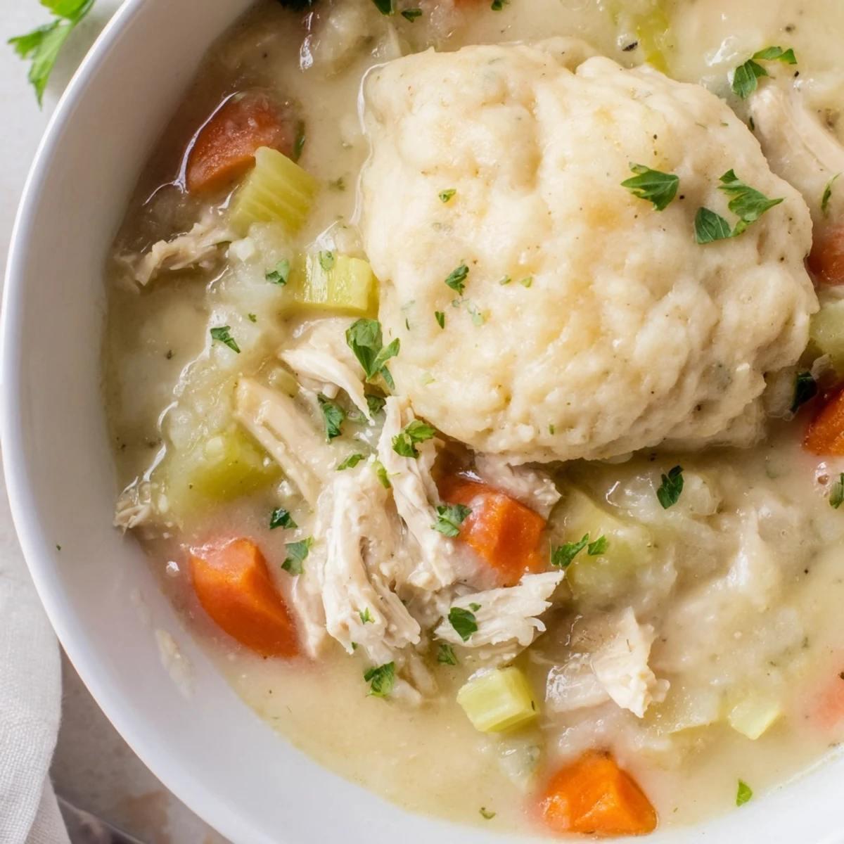 Golden chicken and fluffy biscuits simmer in a rich, creamy broth with fresh parsley garnish