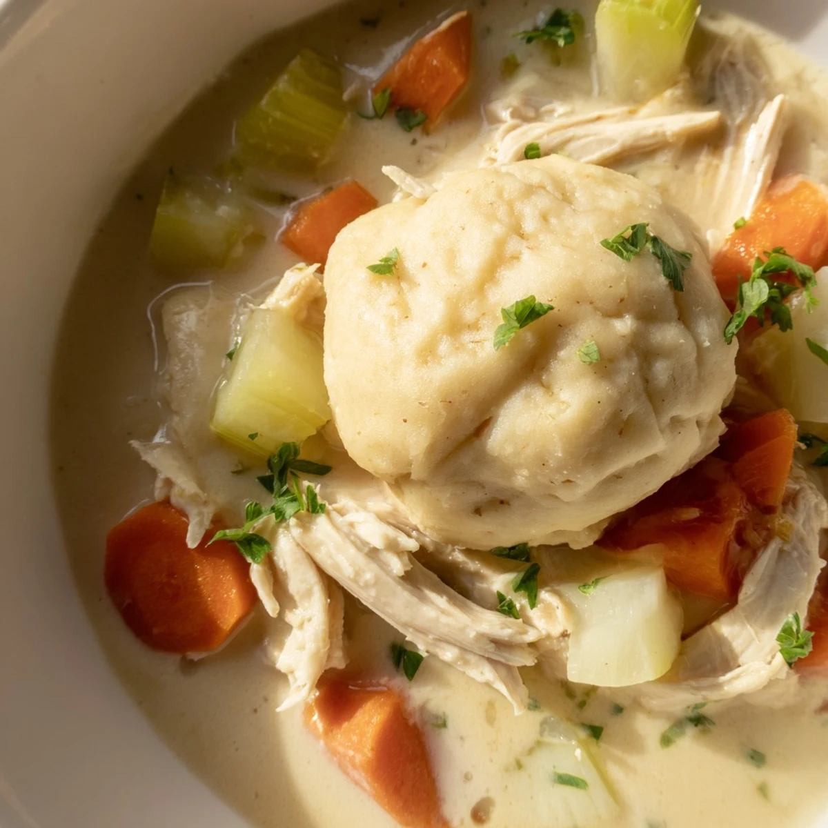Hearty chicken and dumplings soup with pillowy biscuit dumplings floating in a velvety, aromatic broth