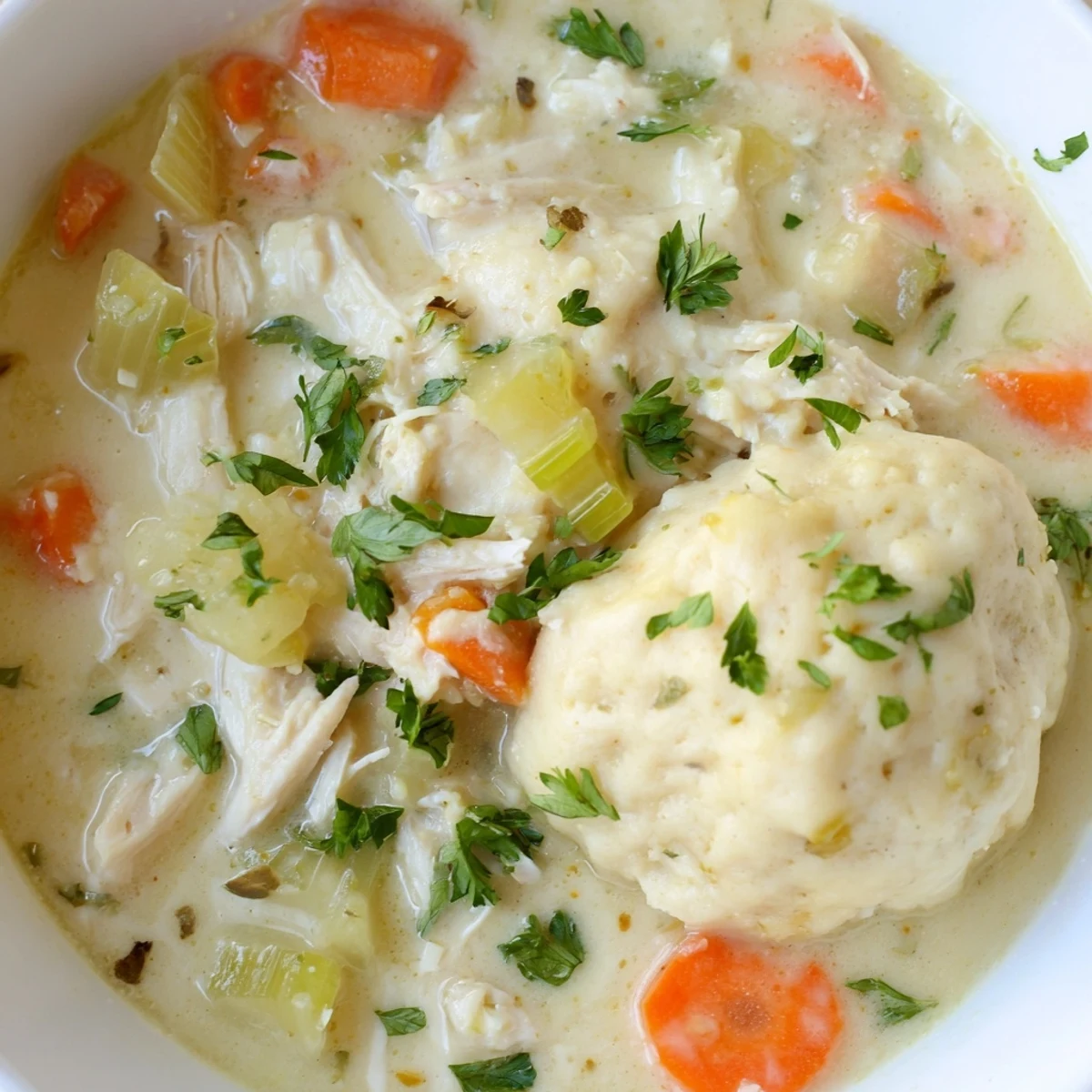 Comforting chicken and dumplings bowl featuring tender shredded meat and steaming biscuit toppings in savory sauce