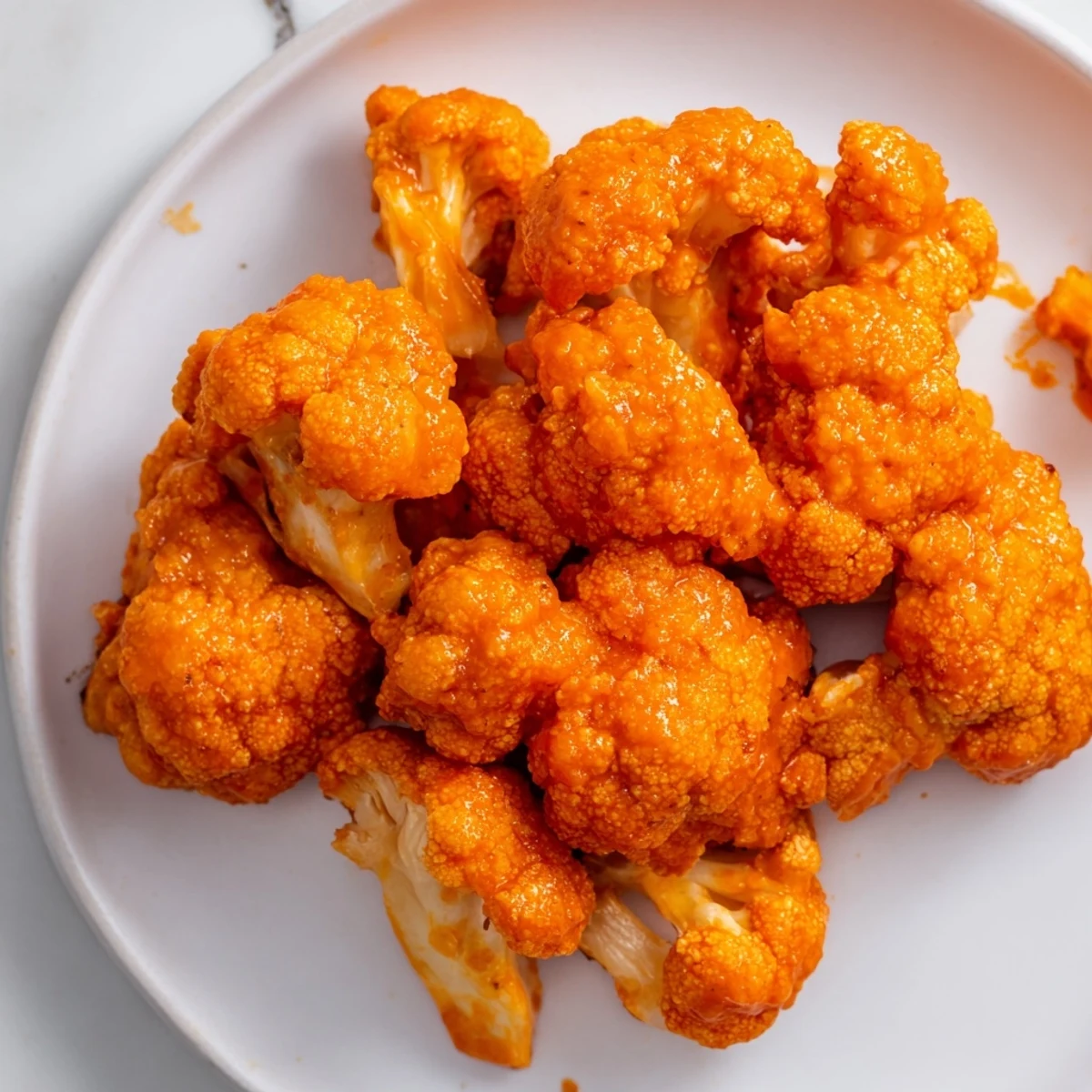 Golden crispy Buffalo cauliflower bites arranged on a white platter with vibrant buffalo sauce coating