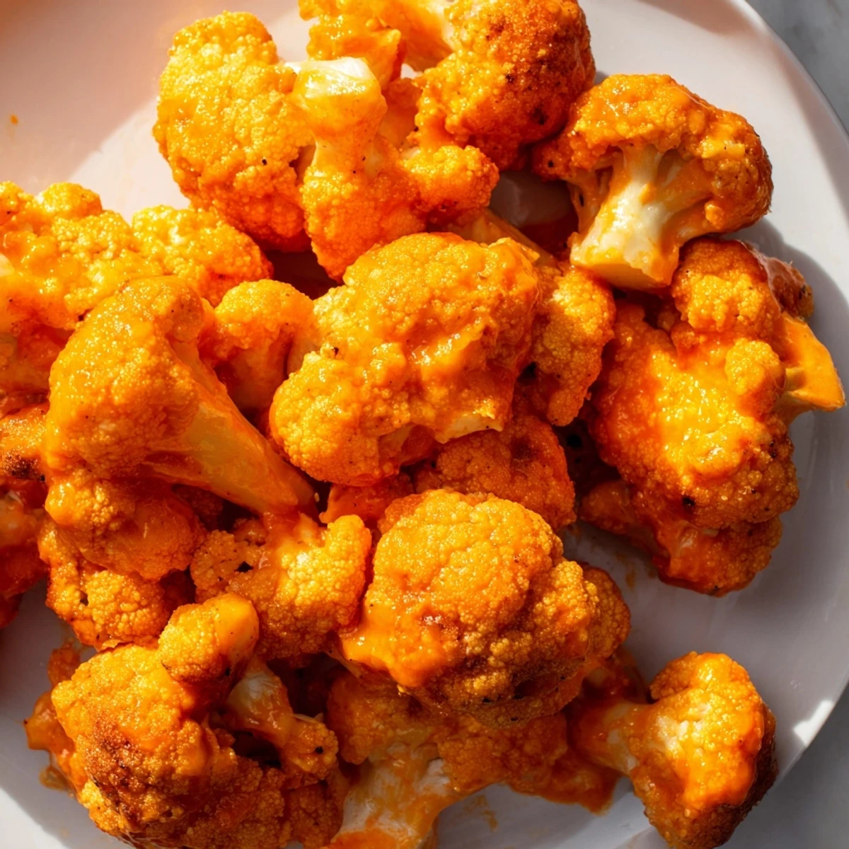 Baked Buffalo cauliflower bites displaying a crunchy texture and glossy red buffalo sauce glaze