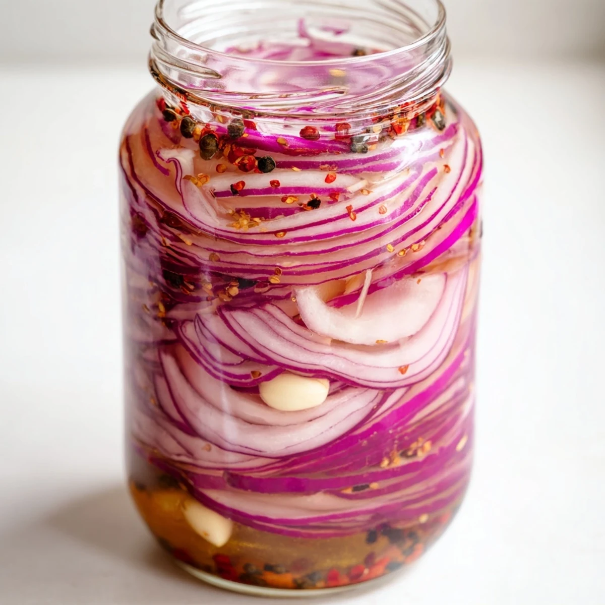 Mason jar showcasing bright pink hot honey pickled red onions with spices and garlic
