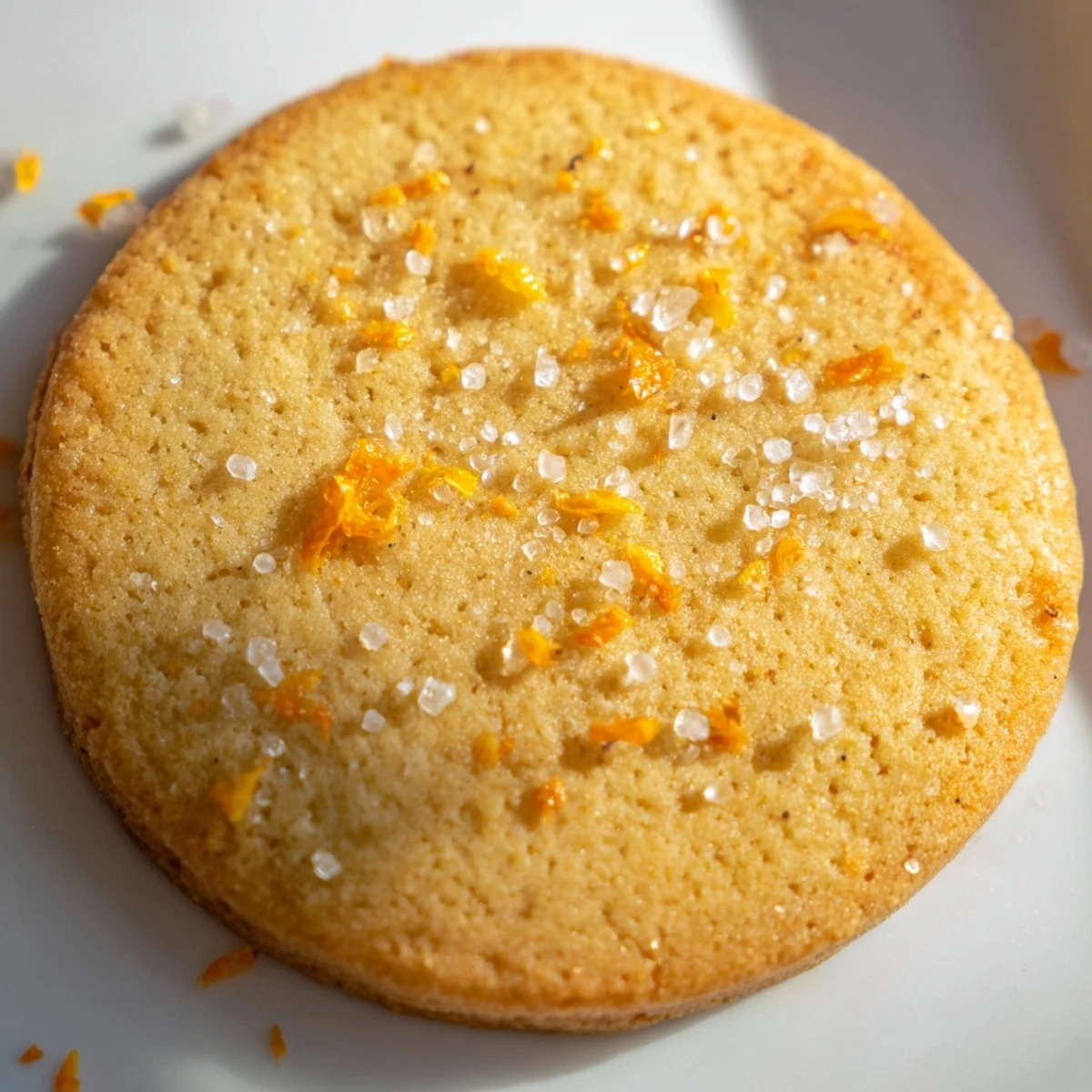 Golden Orange Clove Cookies sprinkled with coarse sugar on a white baking sheet