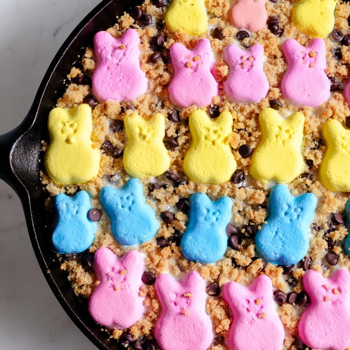 Golden bubbly Peeps skillet smores with melted chocolate and graham crackers ready for dipping