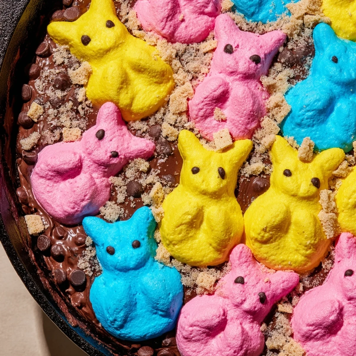 Playful Easter twist on classic campfire treats featuring puffy Peeps skillet smores with rich melted chocolate