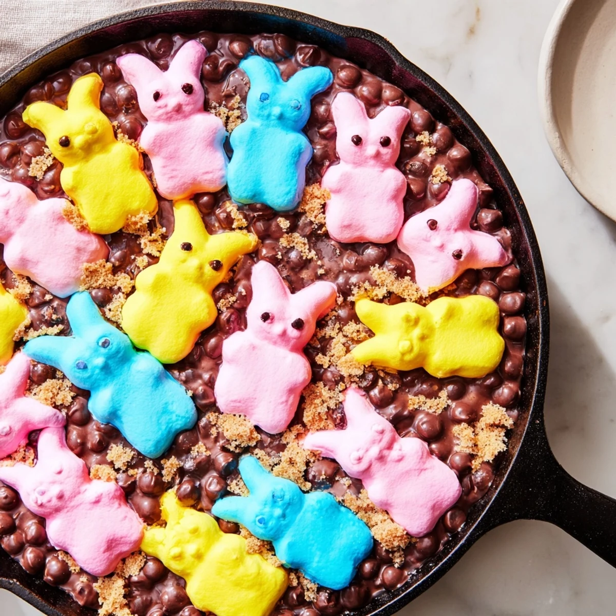 Colorful marshmallow Peeps toasted to perfection over gooey chocolate in this cast iron skillet dessert