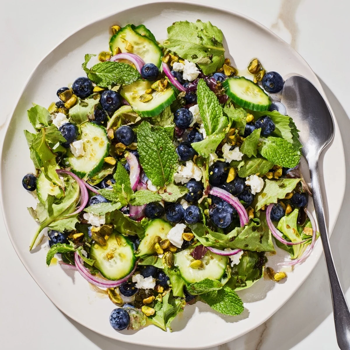 Fresh blueberry pistachio spring salad with vibrant greens, feta, and lemon-honey vinaigrette
