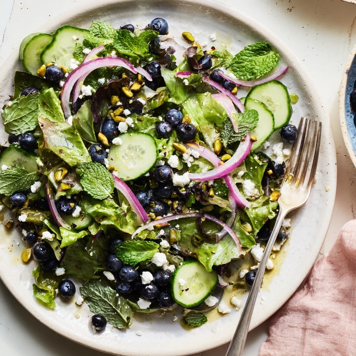 Colorful bowl of blueberry pistachio spring salad topped with crumbled feta and fresh mint