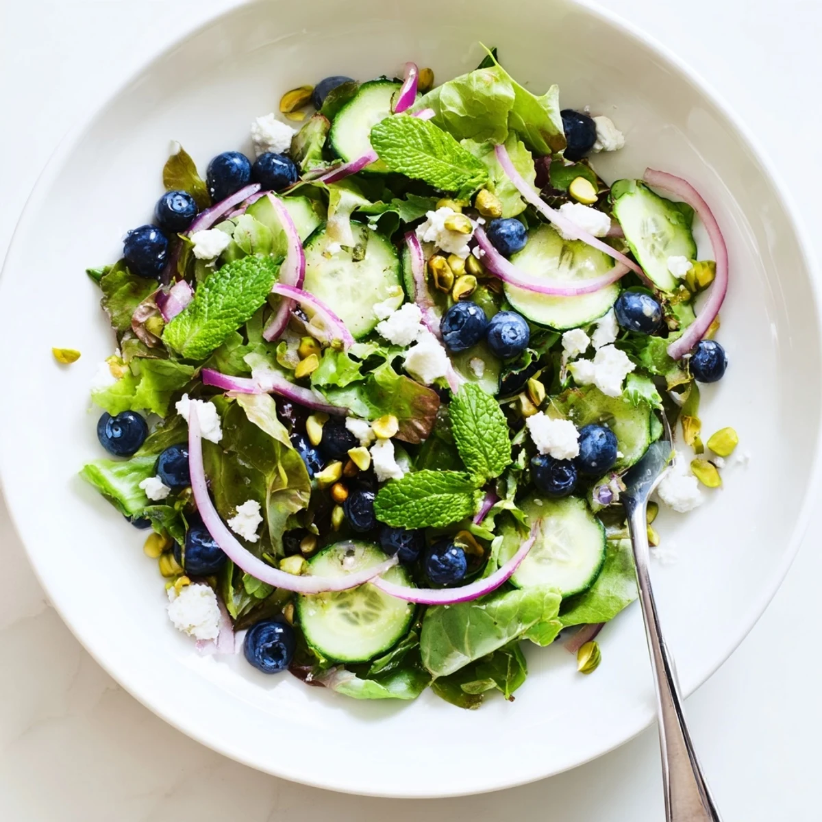 Close up of blueberry pistachio spring salad featuring juicy berries and toasted pistachios