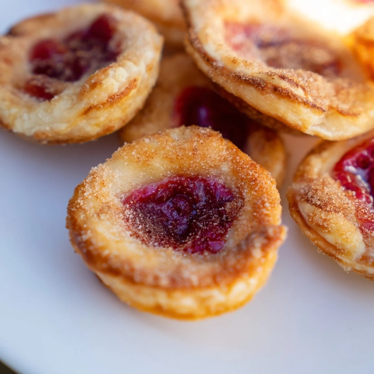 Golden cherry pie bites with bubbling red fruit filling and cinnamon sugar dusted buttery crust